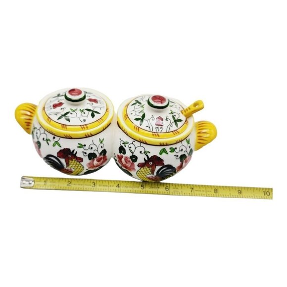 Py Early Provincial Rooster and Roses Double Condiment Jars Spoon Ucago Folk Art - Picture 5 of 9